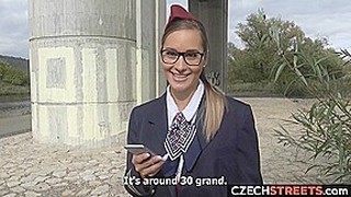 Hot Brunette Stewardess Gets Cash For Sex
