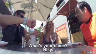 Spanish Waitress With Big Boobs Doesn't Mind If Two Dudes Fuck Her In The Toilet