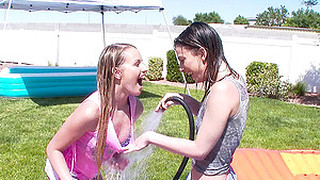 Tight Oiled Ladies In An Inflatable Pool Have A Threesome