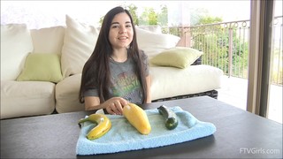 Naughty Chick Pleasures Her Pussy With A Banana And A Cucumber