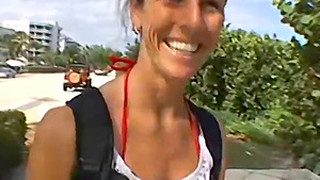 Cute And Busty Brunette Jerks Off A Man She Met At The Beach Until He Spews